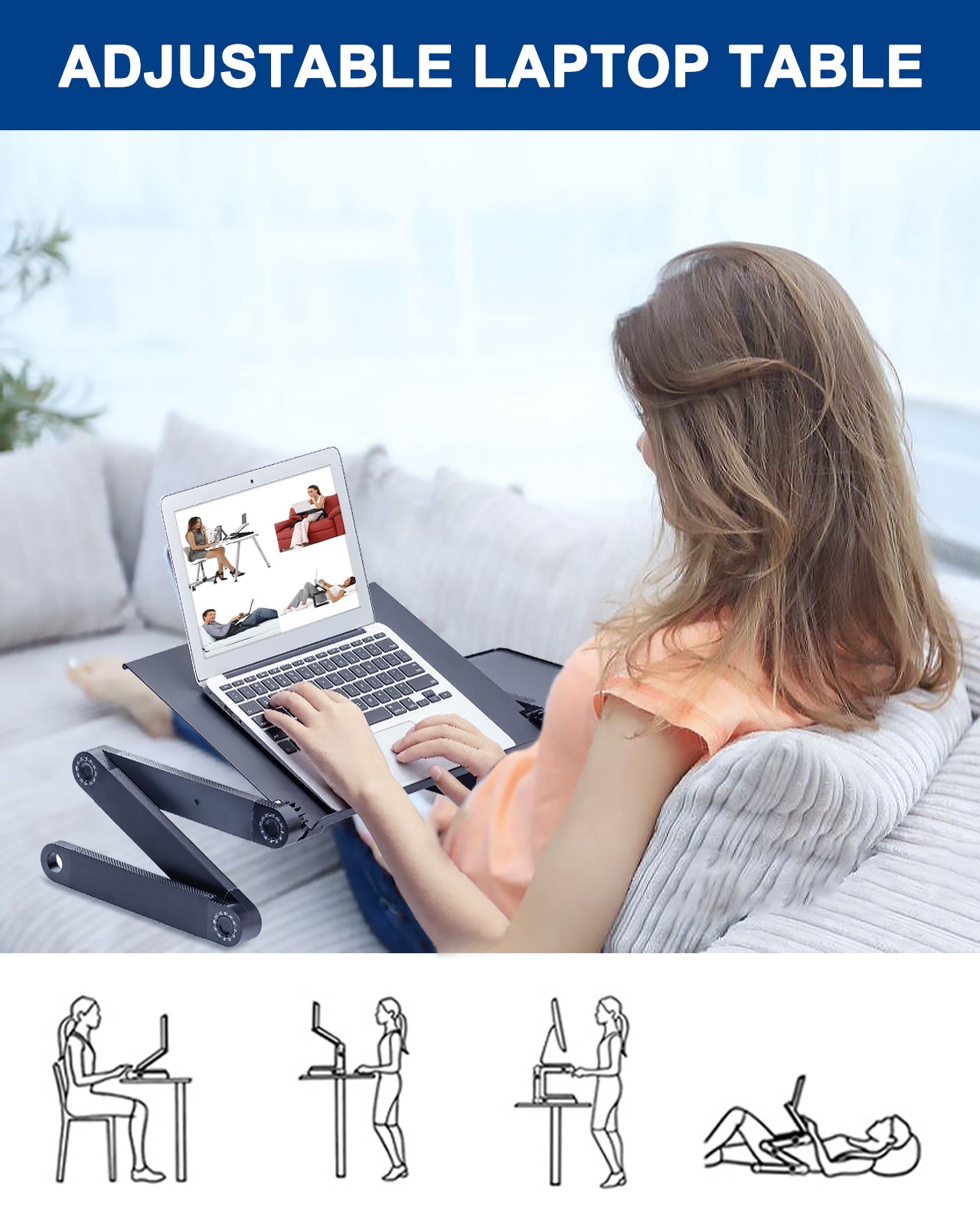 Adjustable Laptop Stand, RAINBEAN Laptop Desk with 2 CPU Cooling USB Fans for Bed Aluminum Lap Workstation Desk with Mouse Pad, Foldable Cook Book Stand Notebook Holder Sofa