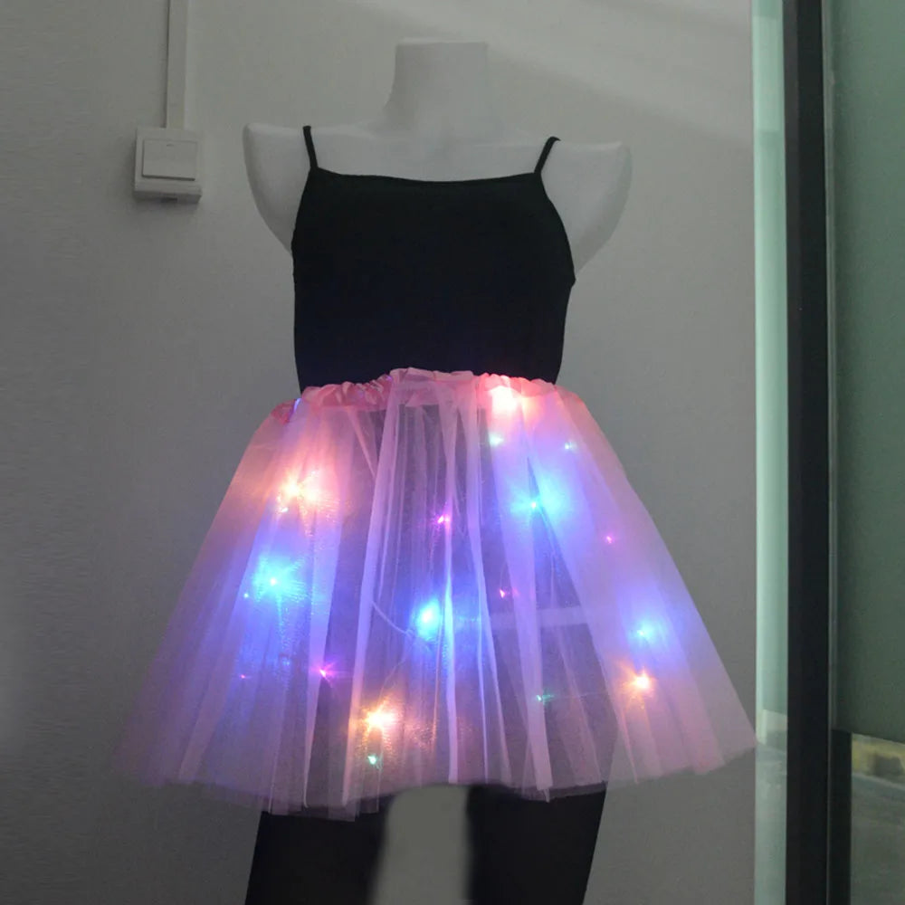 Women Girl LED Skirt Neon Light Up Fairy Tutu Stage Dance Glow Birthday Gift Flower Crown Wedding Halloween Fancy Party Costume