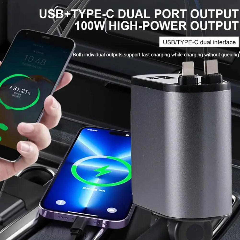 4 IN 1 Retractable Car Charger USB Type C Cable For IPhone Samsung Fast Charge Cord Cigarette Lighter Adapter