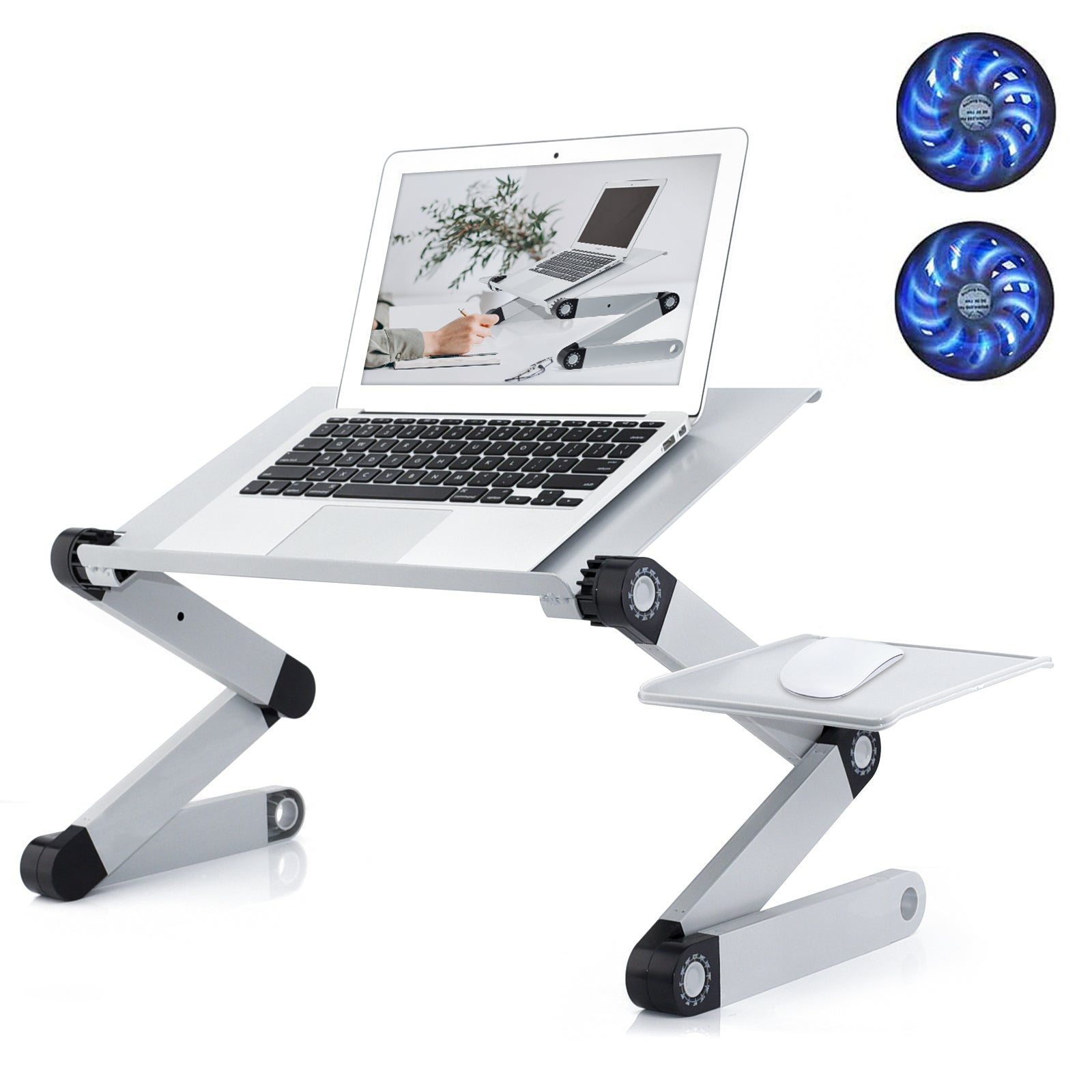 Adjustable Laptop Stand, RAINBEAN Laptop Desk with 2 CPU Cooling USB Fans for Bed Aluminum Lap Workstation Desk with Mouse Pad, Foldable Cook Book Stand Notebook Holder Sofa