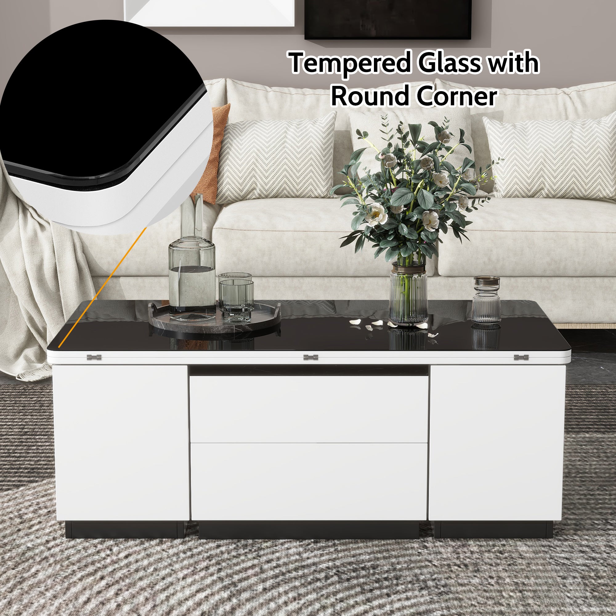 Modern White Lift Top Glass Coffee Table with Drawers & Storage Multifunction Table