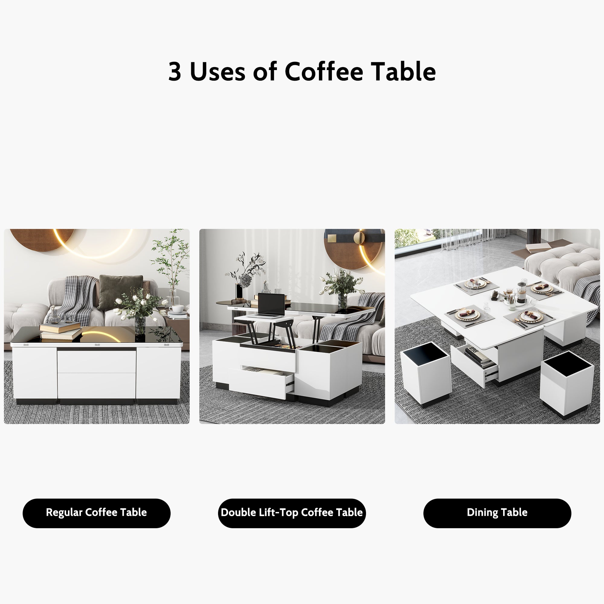 Modern White Lift Top Glass Coffee Table with Drawers & Storage Multifunction Table