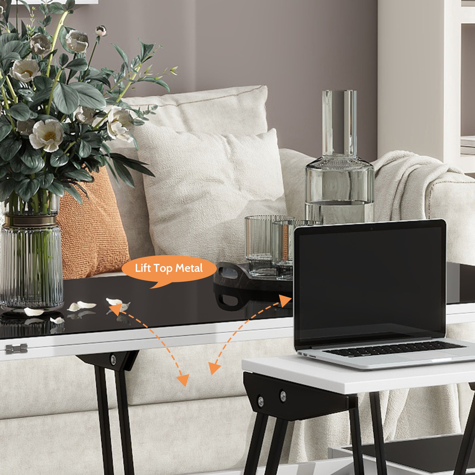 Modern White Lift Top Glass Coffee Table with Drawers & Storage Multifunction Table